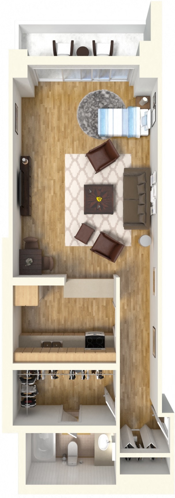 Floor plan for studio, 1 bath, 600 sqft